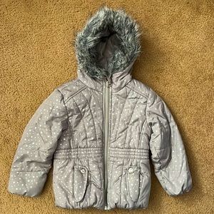 Toddler grey puff jacket with metallic stars and faux fur hood